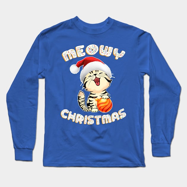 Funny Christmas Cat Cute Xmas Kitten Meowy Christmas Long Sleeve T-Shirt by Green Splash